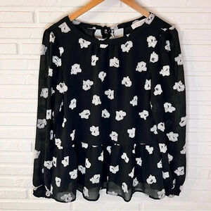 Loft Black Floral Long Sleeve Peplum Blouse, Women’s Size Extra Small